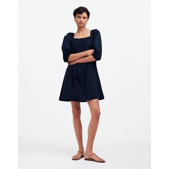 Madewell Square-Neck Puff-Sleeve Mini Dress in Navy Blue Size 2 NWT - Picture 1 of 8